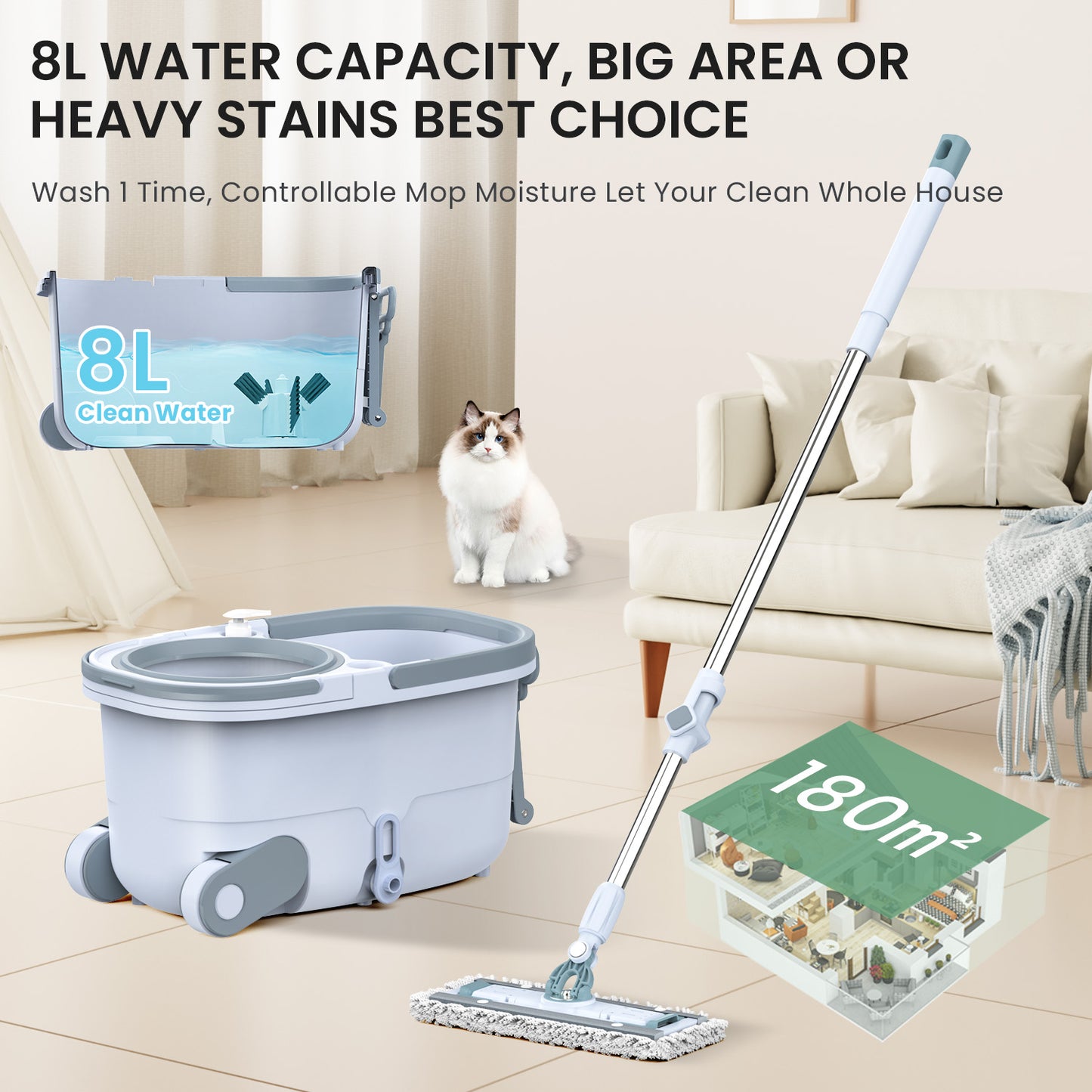 CM001 Magician Plus Spin Mop 2-in-1 Flat & Round Mop Head with Wheels & Handles